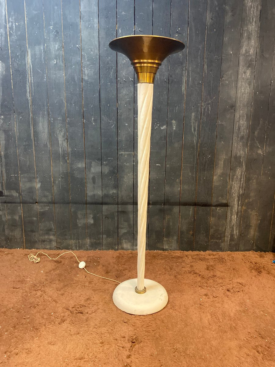 Art Deco Neo-classical Floor Lamp In Lacquered Wood And Brass, Circa 1930/1940 -photo-3