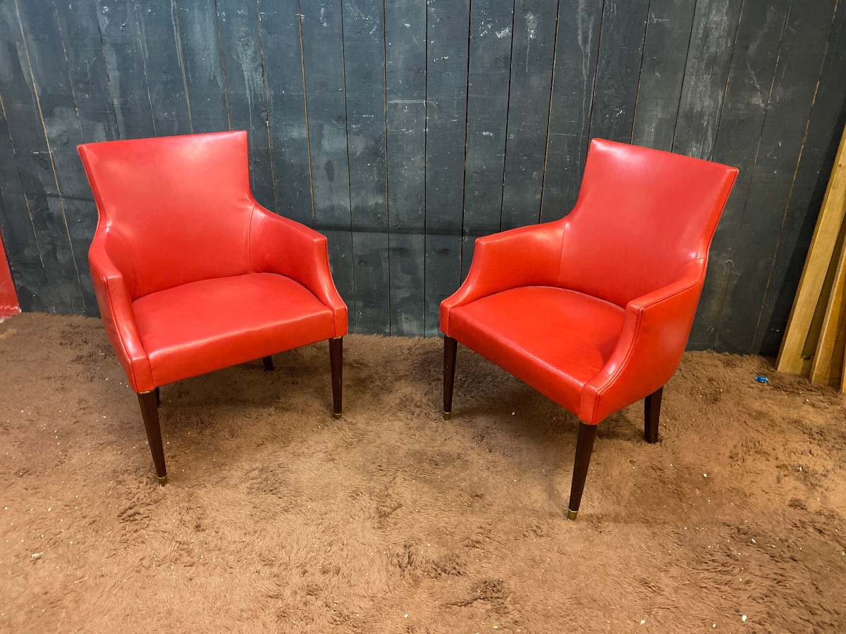 Pair Of Elegant Art Deco Armchairs Upholstered In Red Leather, Bronze Feet, Circa 1930/1940-photo-3