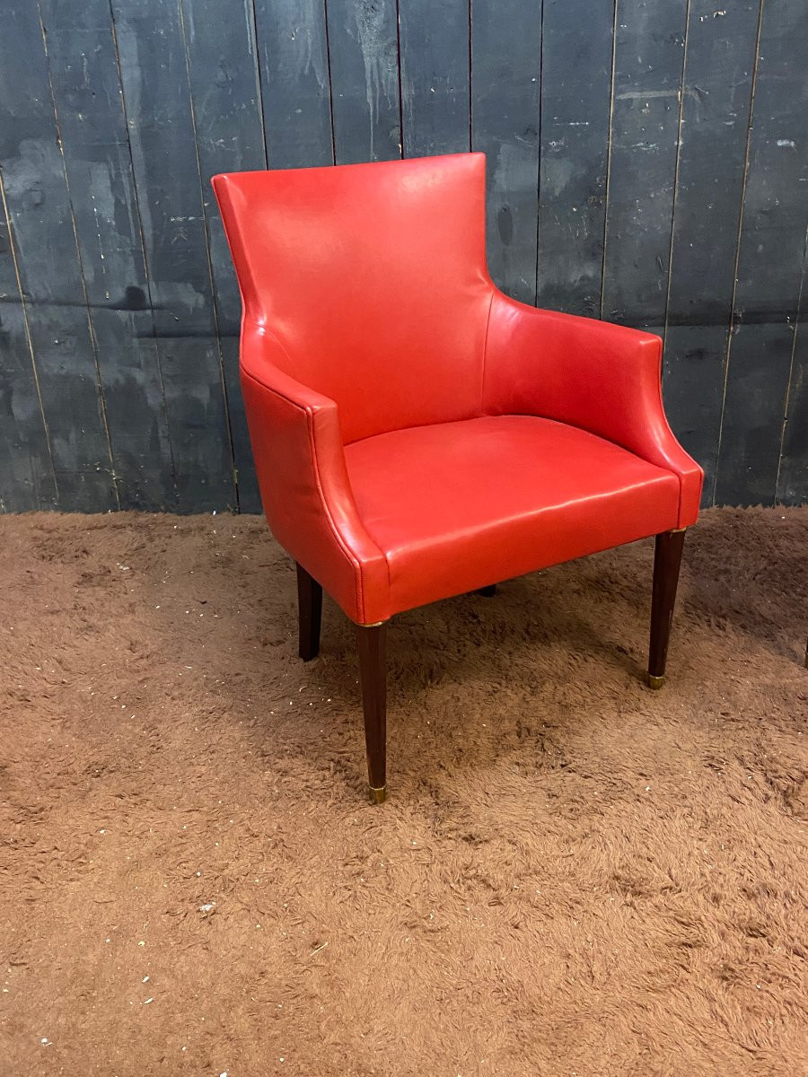 Pair Of Elegant Art Deco Armchairs Upholstered In Red Leather, Bronze Feet, Circa 1930/1940-photo-2