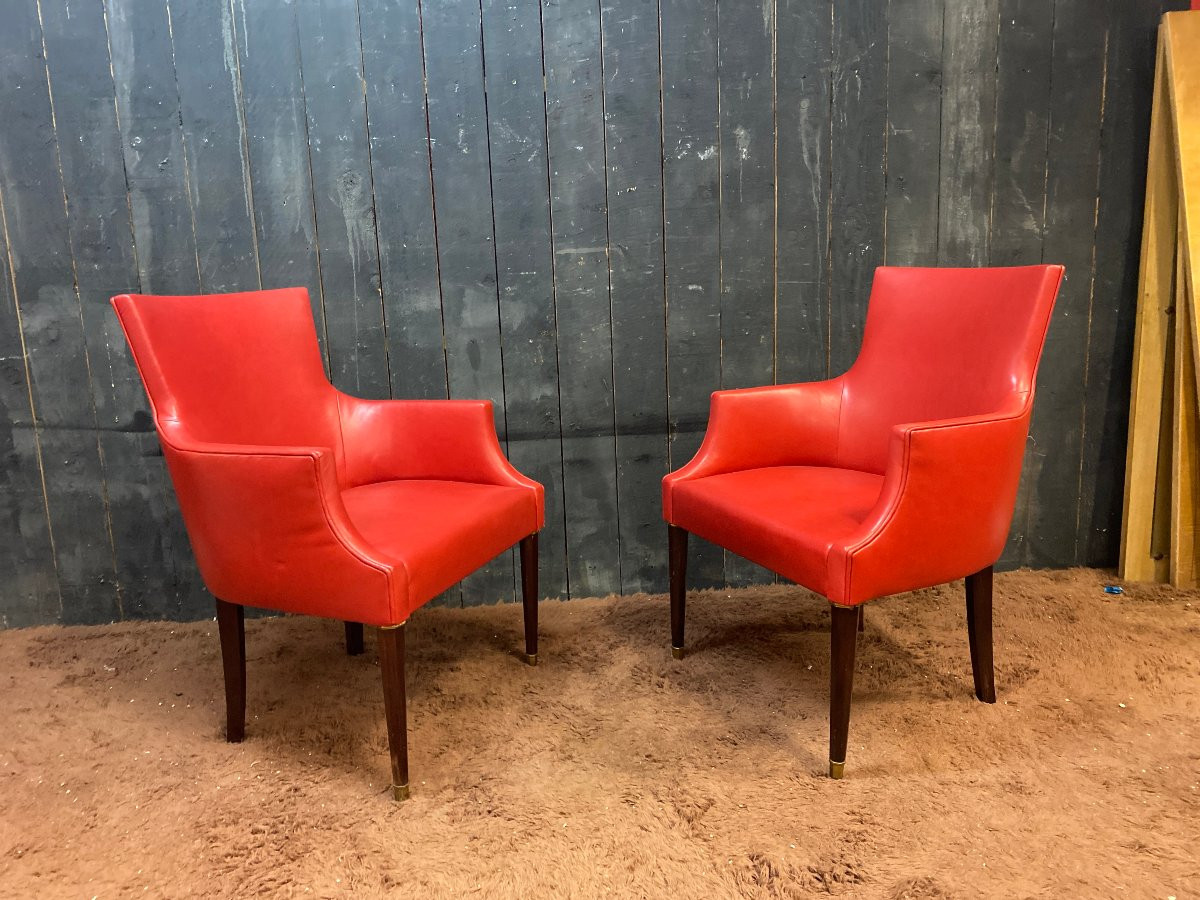 Pair Of Elegant Art Deco Armchairs Upholstered In Red Leather, Bronze Feet, Circa 1930/1940-photo-4
