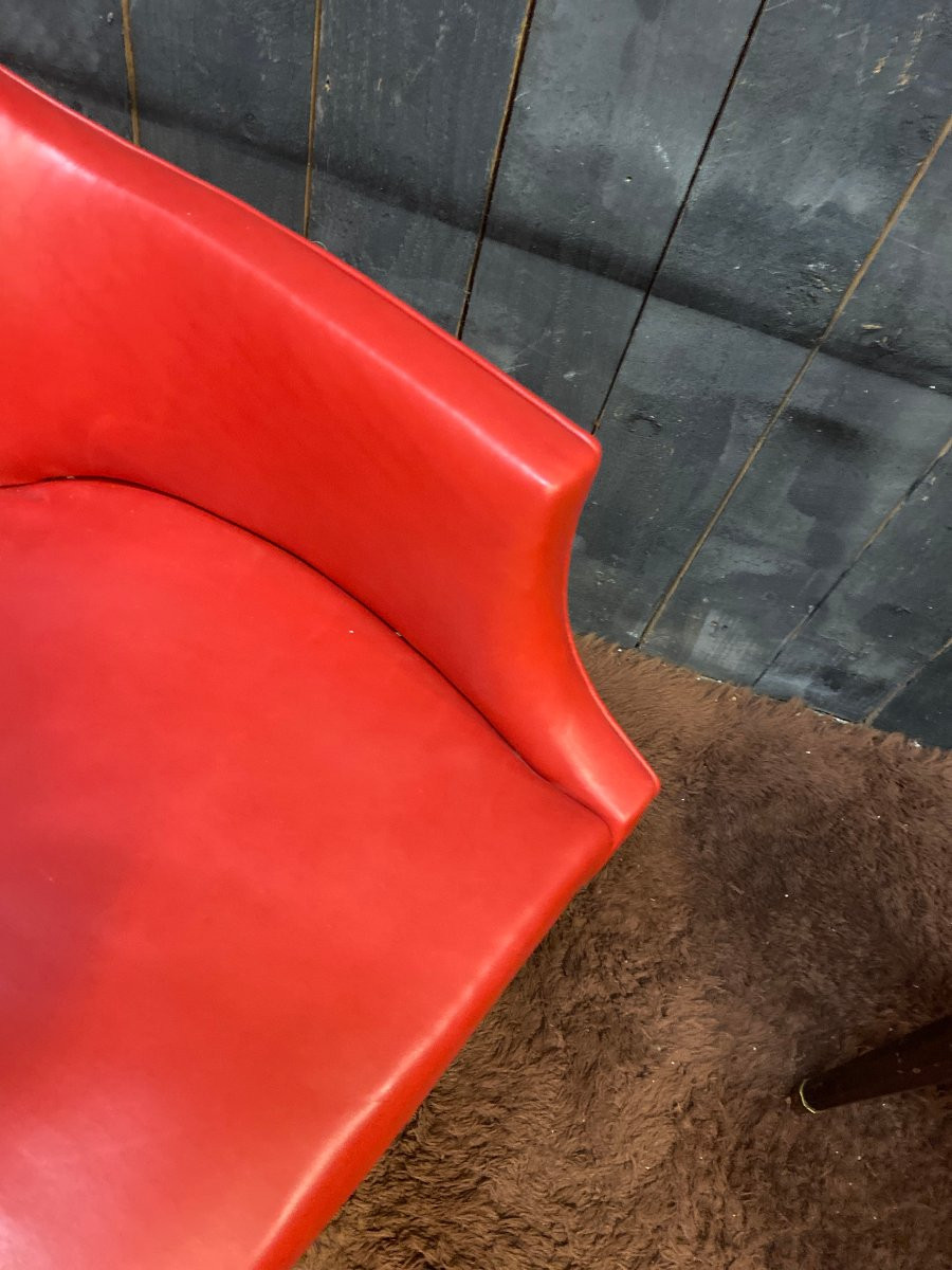 Pair Of Elegant Art Deco Armchairs Upholstered In Red Leather, Bronze Feet, Circa 1930/1940-photo-6