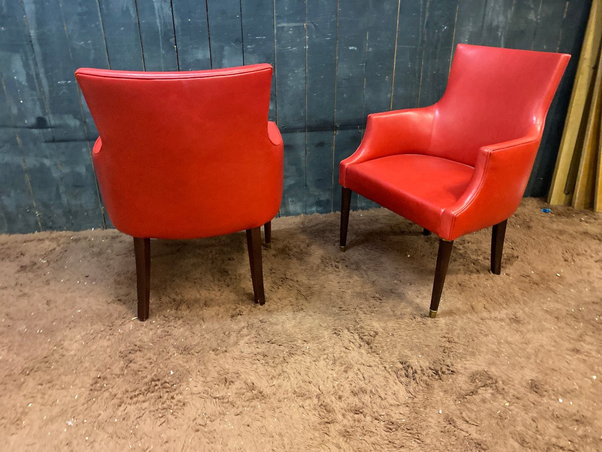 Pair Of Elegant Art Deco Armchairs Upholstered In Red Leather, Bronze Feet, Circa 1930/1940-photo-7