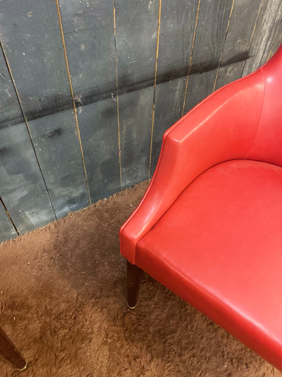 Pair Of Elegant Art Deco Armchairs Upholstered In Red Leather, Bronze Feet, Circa 1930/1940-photo-8
