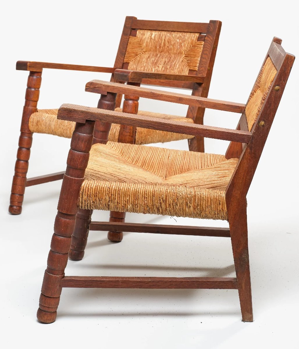 Set Of 4 Oak And Straw Armchairs Circa 1950 In The Style Of Dudouyt/courtray -photo-2