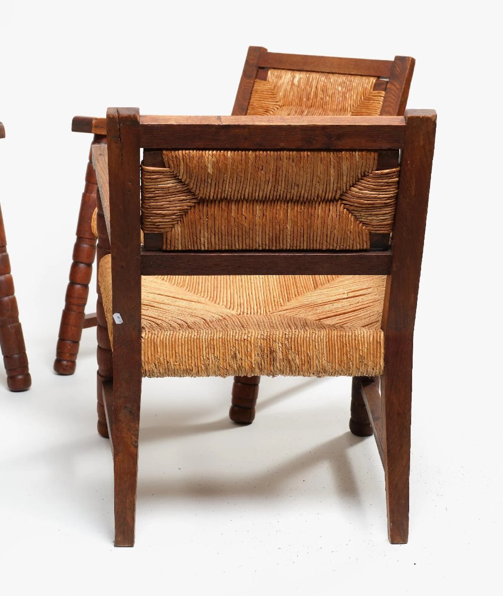 Set Of 4 Oak And Straw Armchairs Circa 1950 In The Style Of Dudouyt/courtray -photo-3
