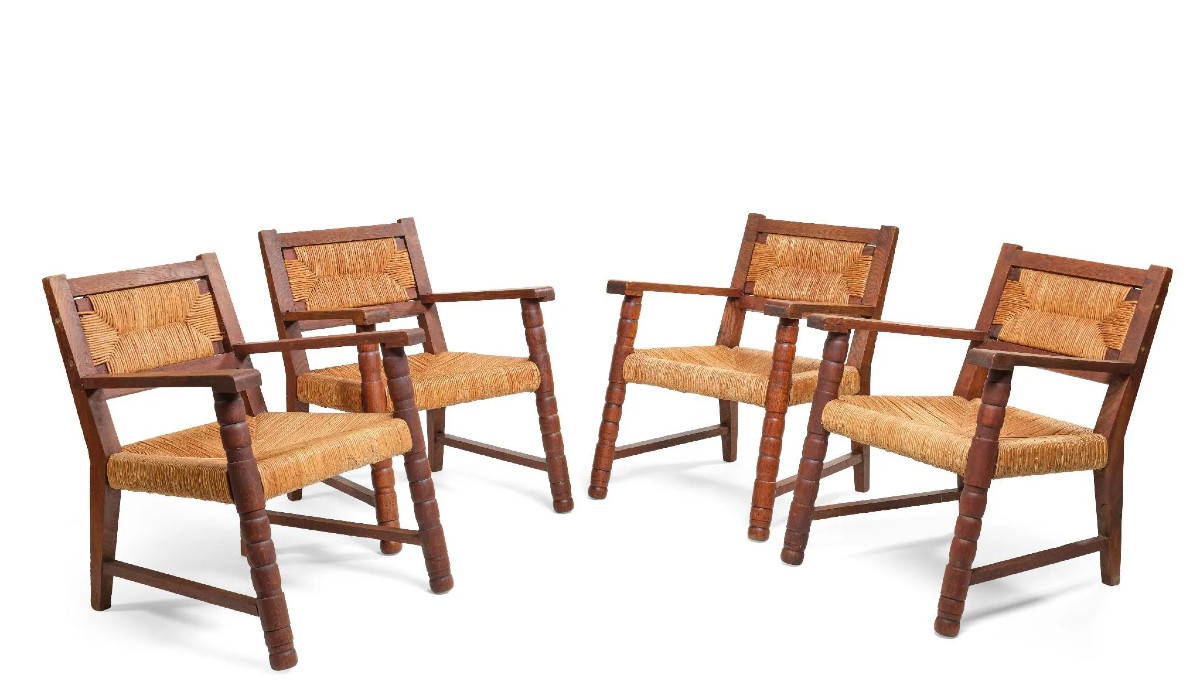 Set Of 4 Oak And Straw Armchairs Circa 1950 In The Style Of Dudouyt/courtray 