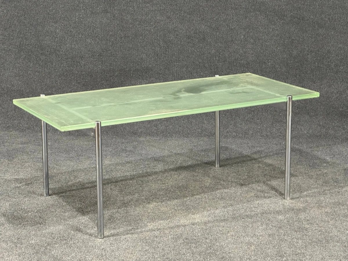 Travail art deco, grande table basse en métal chromé, plateau en verre granité ( St Gobain ?) -photo-3