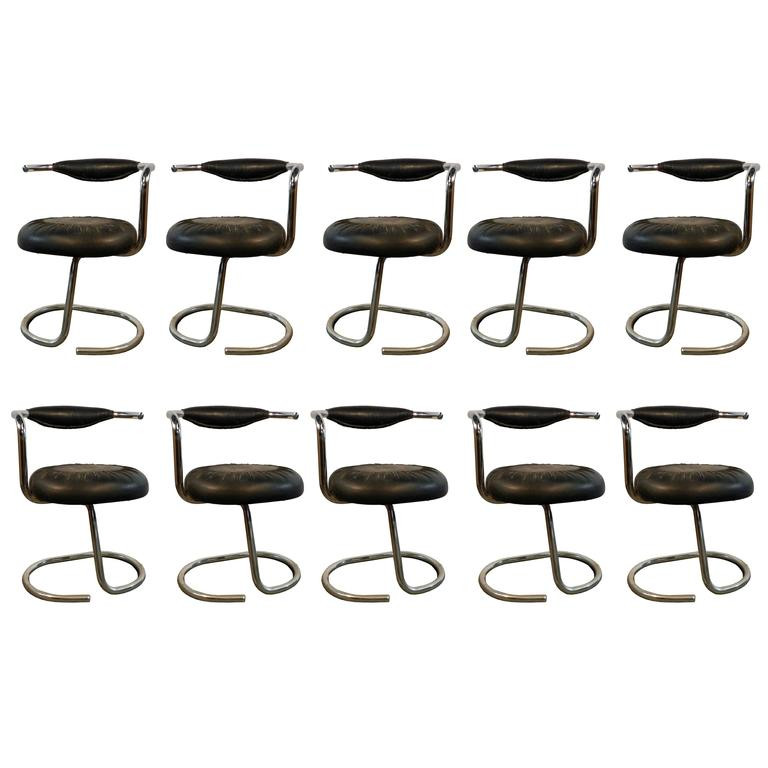 Giotto Stoppino, 10 Chrome And Moleskine Chairs Italy 1970 