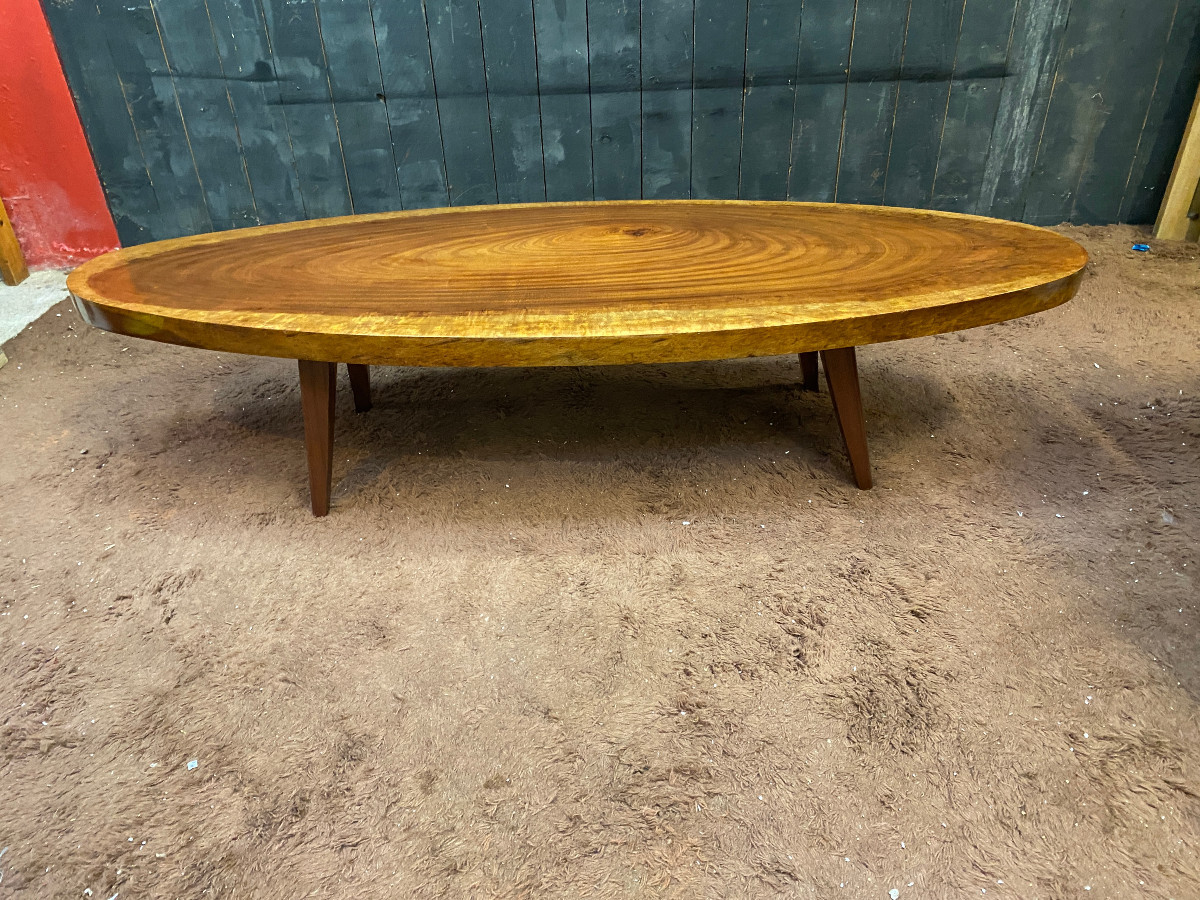 tres grande table basse a plateau monoxyle d'une tranche d'arbre , travail ancien-photo-2