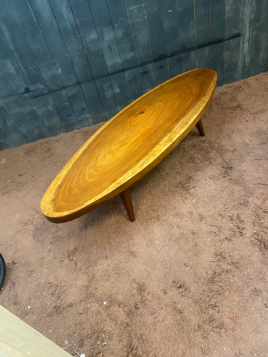 tres grande table basse a plateau monoxyle d'une tranche d'arbre , travail ancien-photo-3