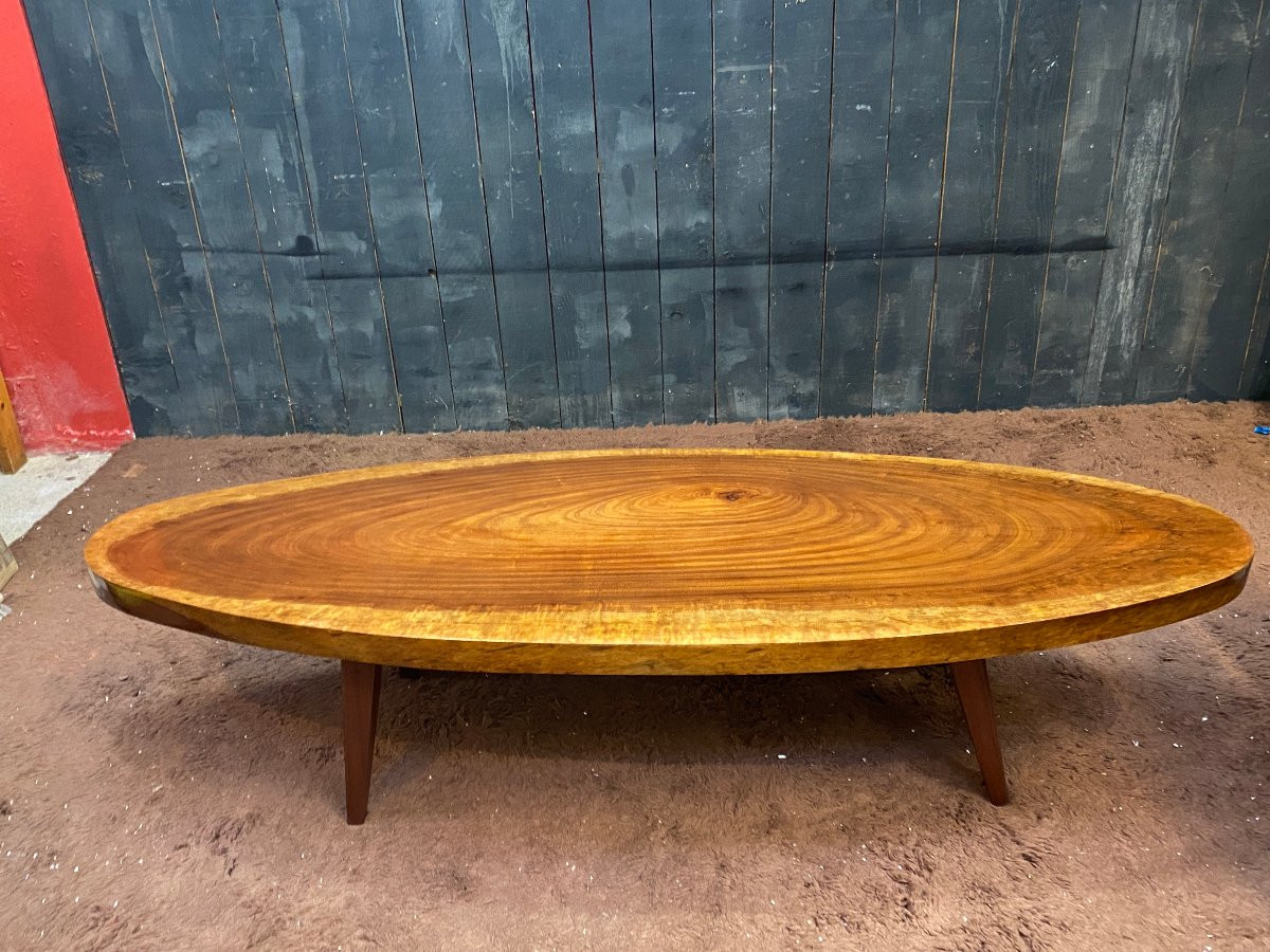 tres grande table basse a plateau monoxyle d'une tranche d'arbre , travail ancien-photo-1