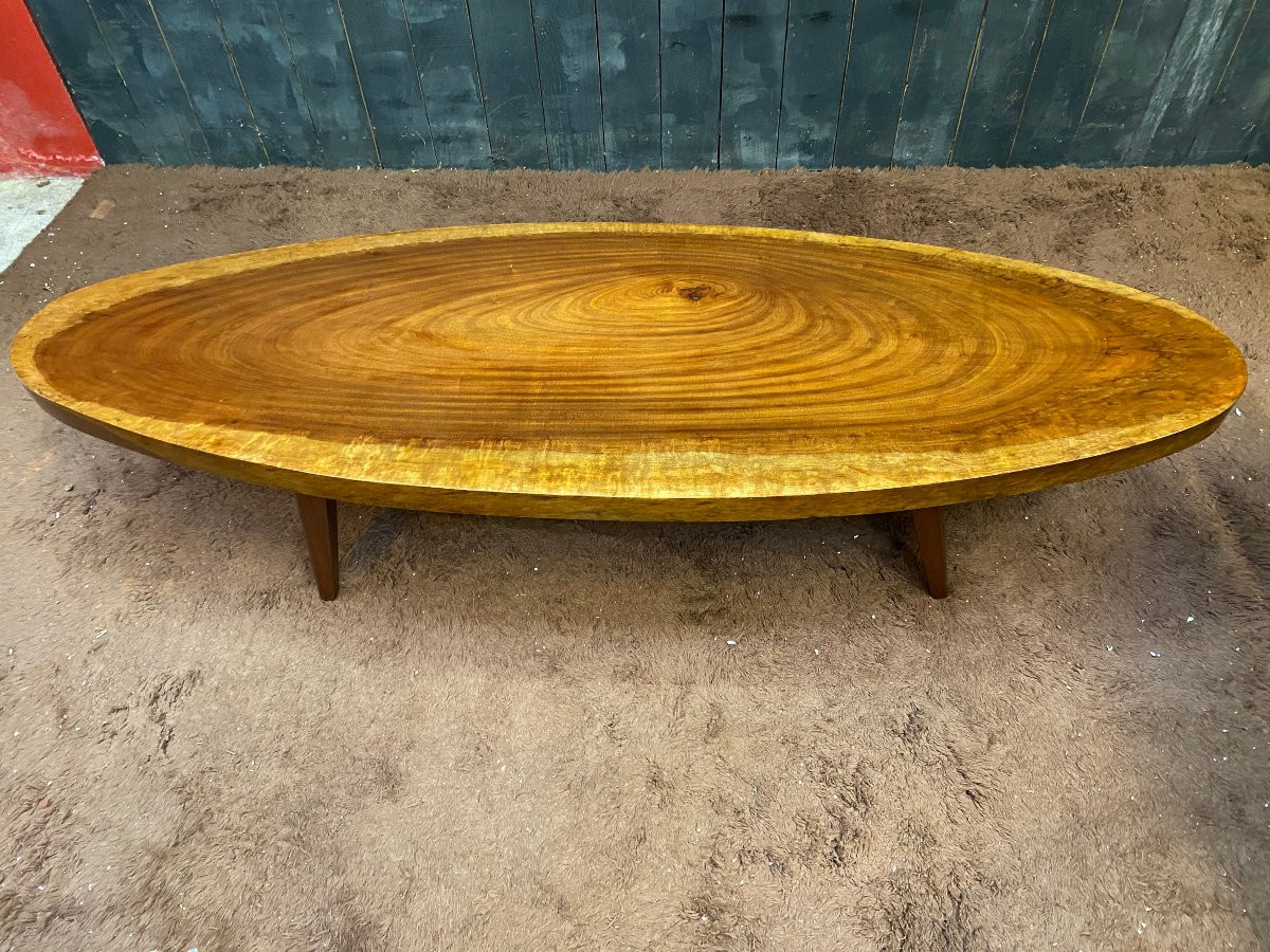 tres grande table basse a plateau monoxyle d'une tranche d'arbre , travail ancien-photo-2