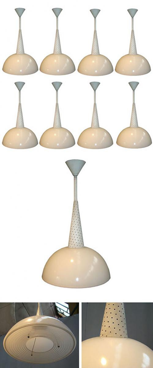 Important Lot Of 24 Holophanes Pendant Lights, Opaline Glass, Lacquered Metal, Circa 1950/1960 -photo-2