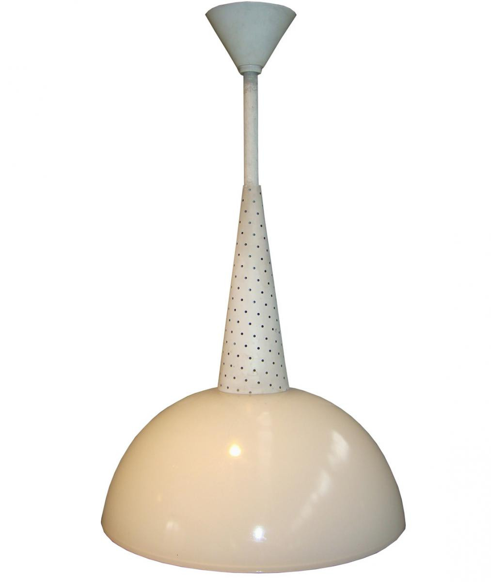 Important Lot Of 24 Holophanes Pendant Lights, Opaline Glass, Lacquered Metal, Circa 1950/1960 -photo-3