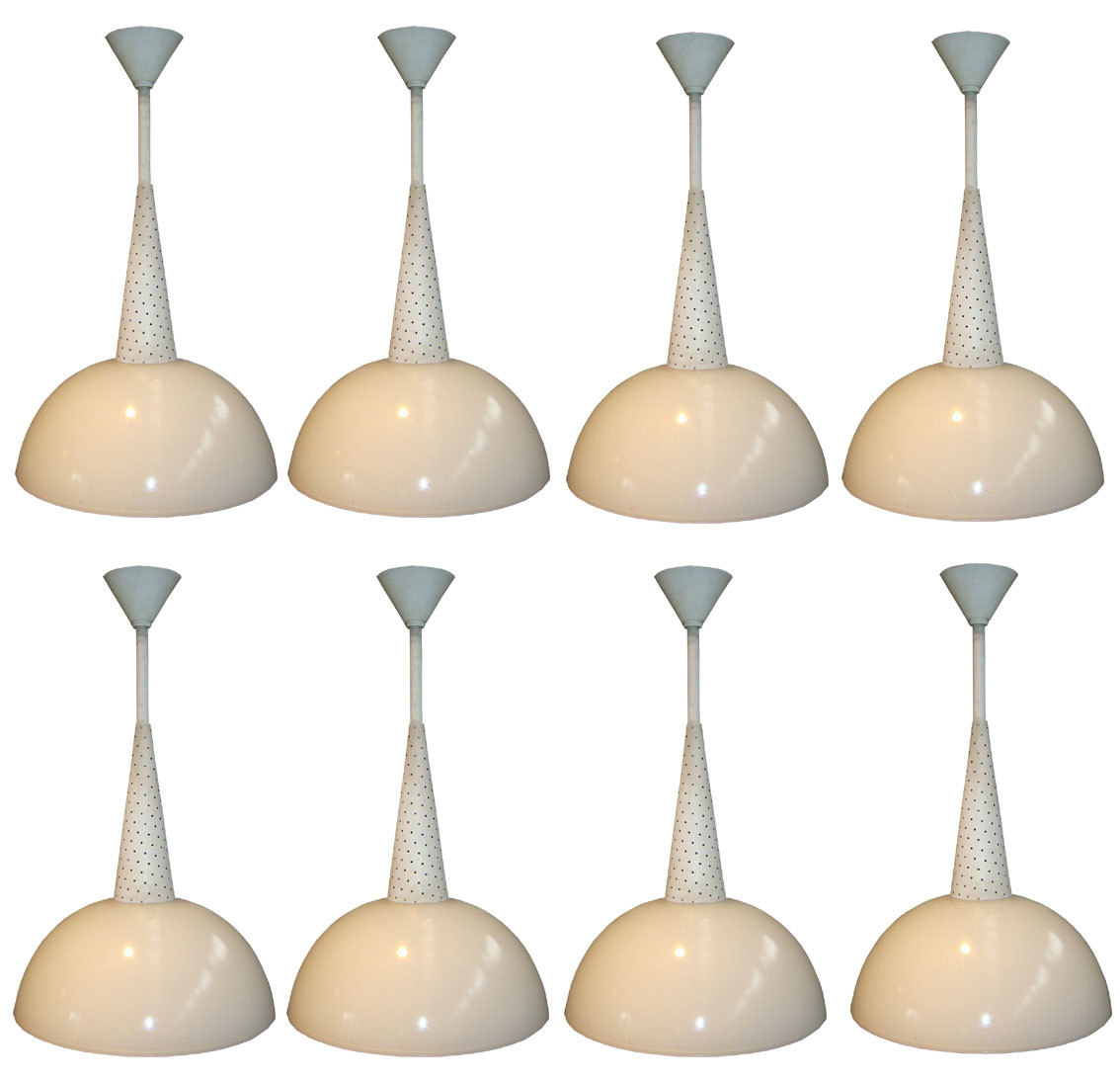 Important Lot Of 24 Holophanes Pendant Lights, Opaline Glass, Lacquered Metal, Circa 1950/1960 