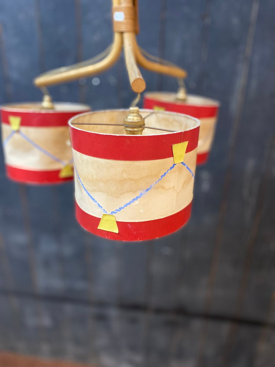 Audoux Minet, Bamboo Chandelier, Drum-shaped Lampshade, Circa 1950/1960-photo-2