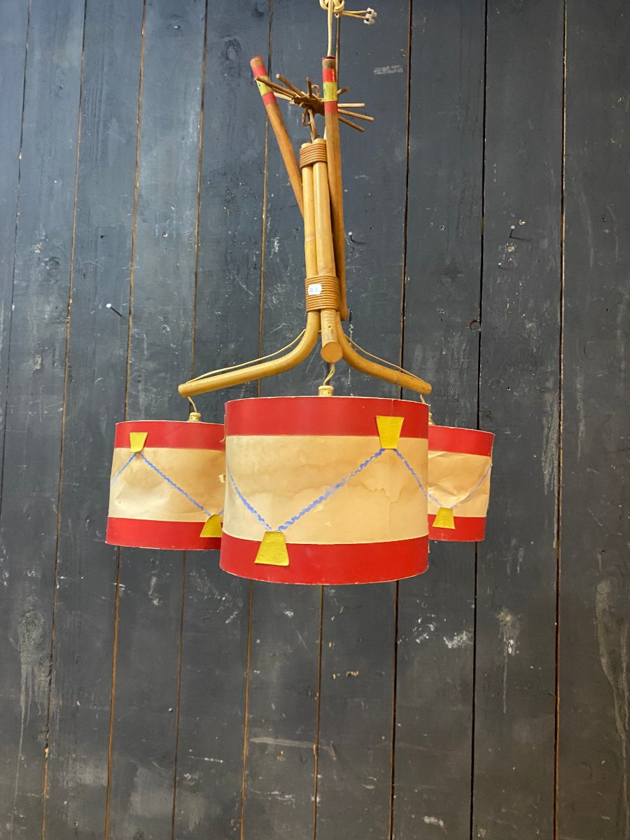 Audoux Minet, Bamboo Chandelier, Drum-shaped Lampshade, Circa 1950/1960-photo-3