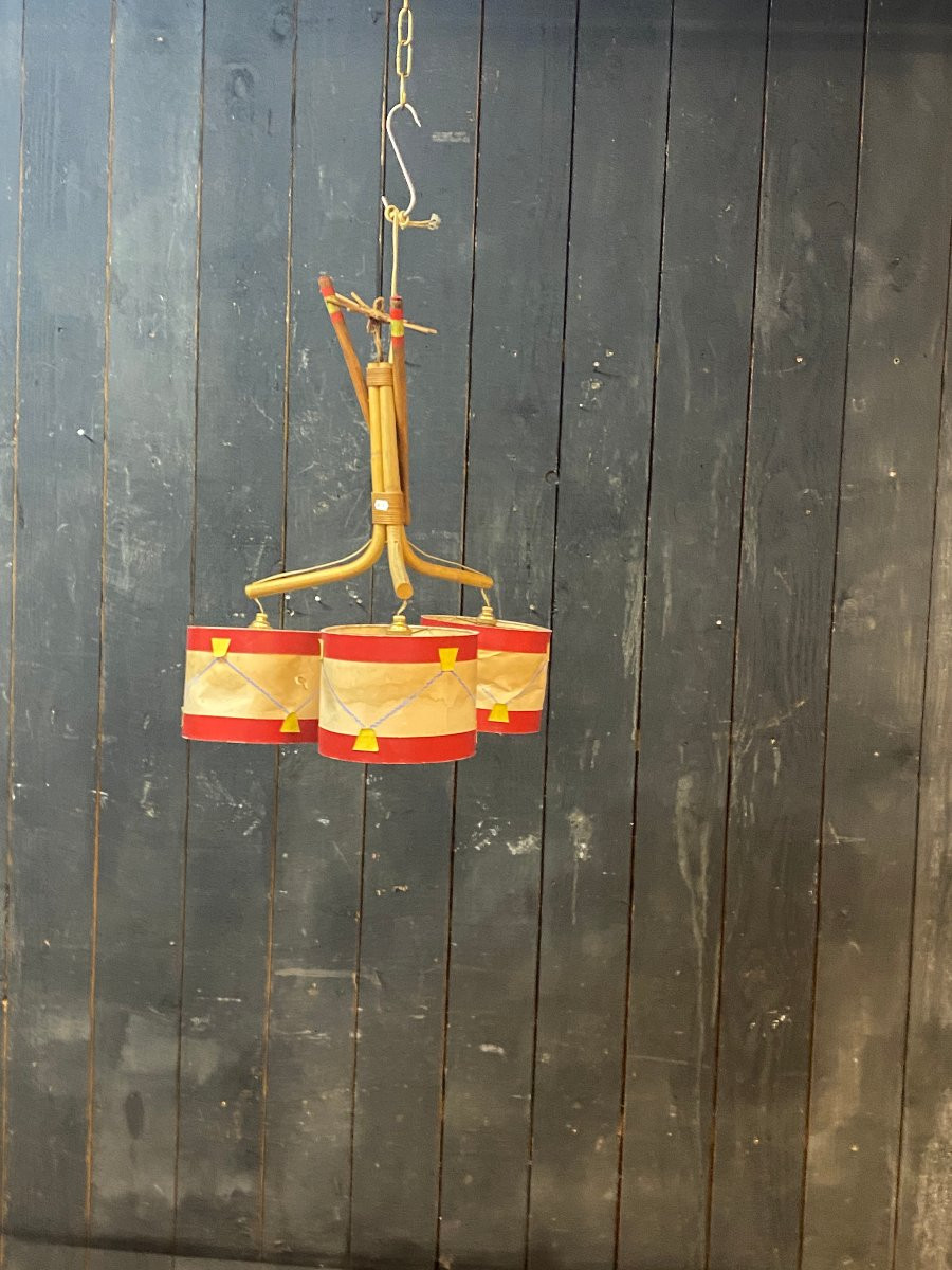 Audoux Minet, Bamboo Chandelier, Drum-shaped Lampshade, Circa 1950/1960-photo-4