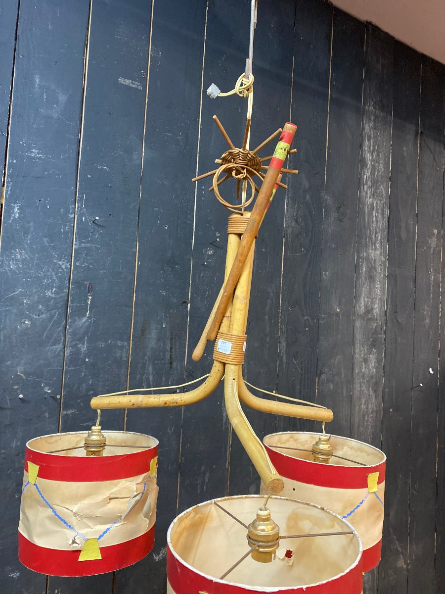 Audoux Minet, Bamboo Chandelier, Drum-shaped Lampshade, Circa 1950/1960-photo-1