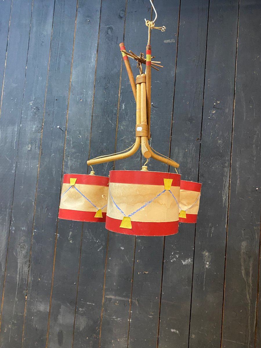 Audoux Minet, Bamboo Chandelier, Drum-shaped Lampshade, Circa 1950/1960-photo-6