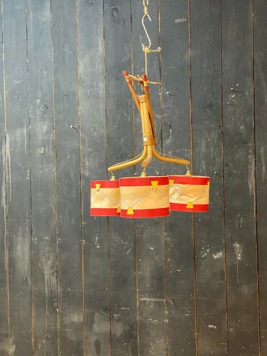 Audoux Minet, Bamboo Chandelier, Drum-shaped Lampshade, Circa 1950/1960-photo-7