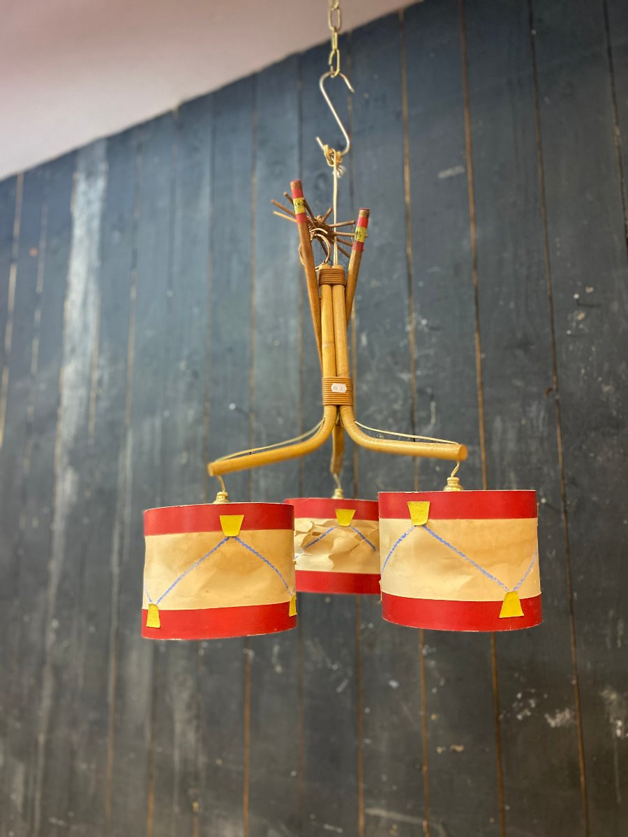 Audoux Minet, Bamboo Chandelier, Drum-shaped Lampshade, Circa 1950/1960-photo-8