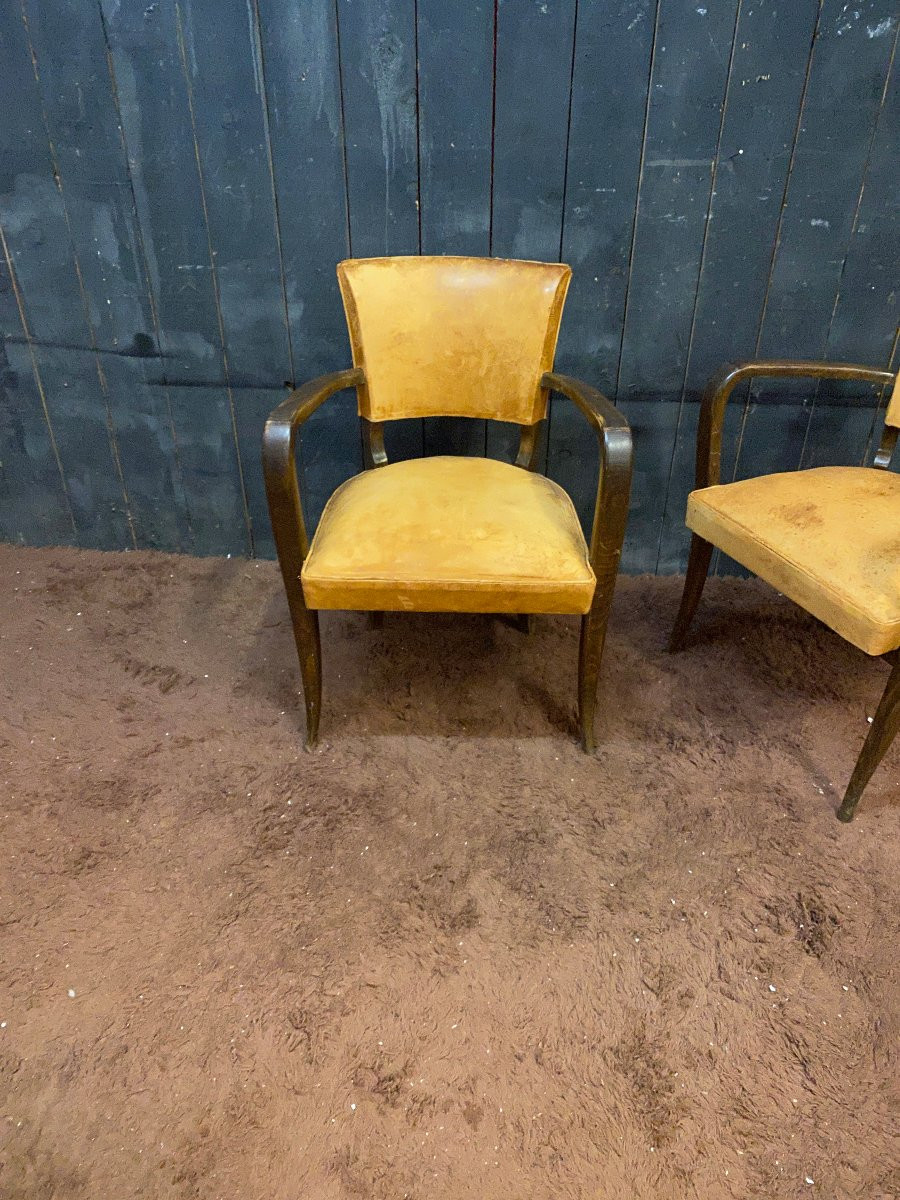Pair Of Art Deco Bridge Chairs, Leather And Stained Wood, Circa 1930-photo-1