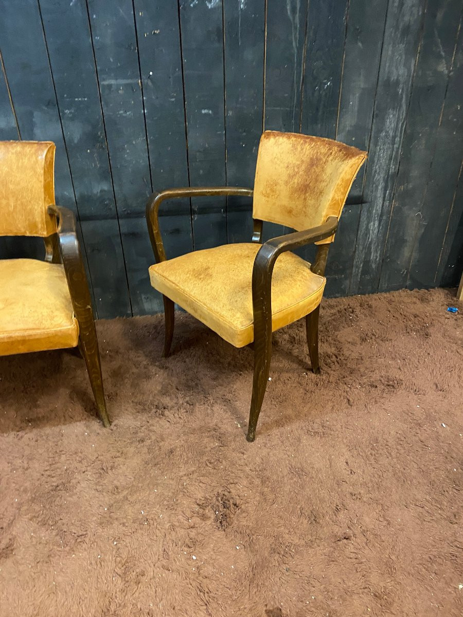 Pair Of Art Deco Bridge Chairs, Leather And Stained Wood, Circa 1930-photo-2