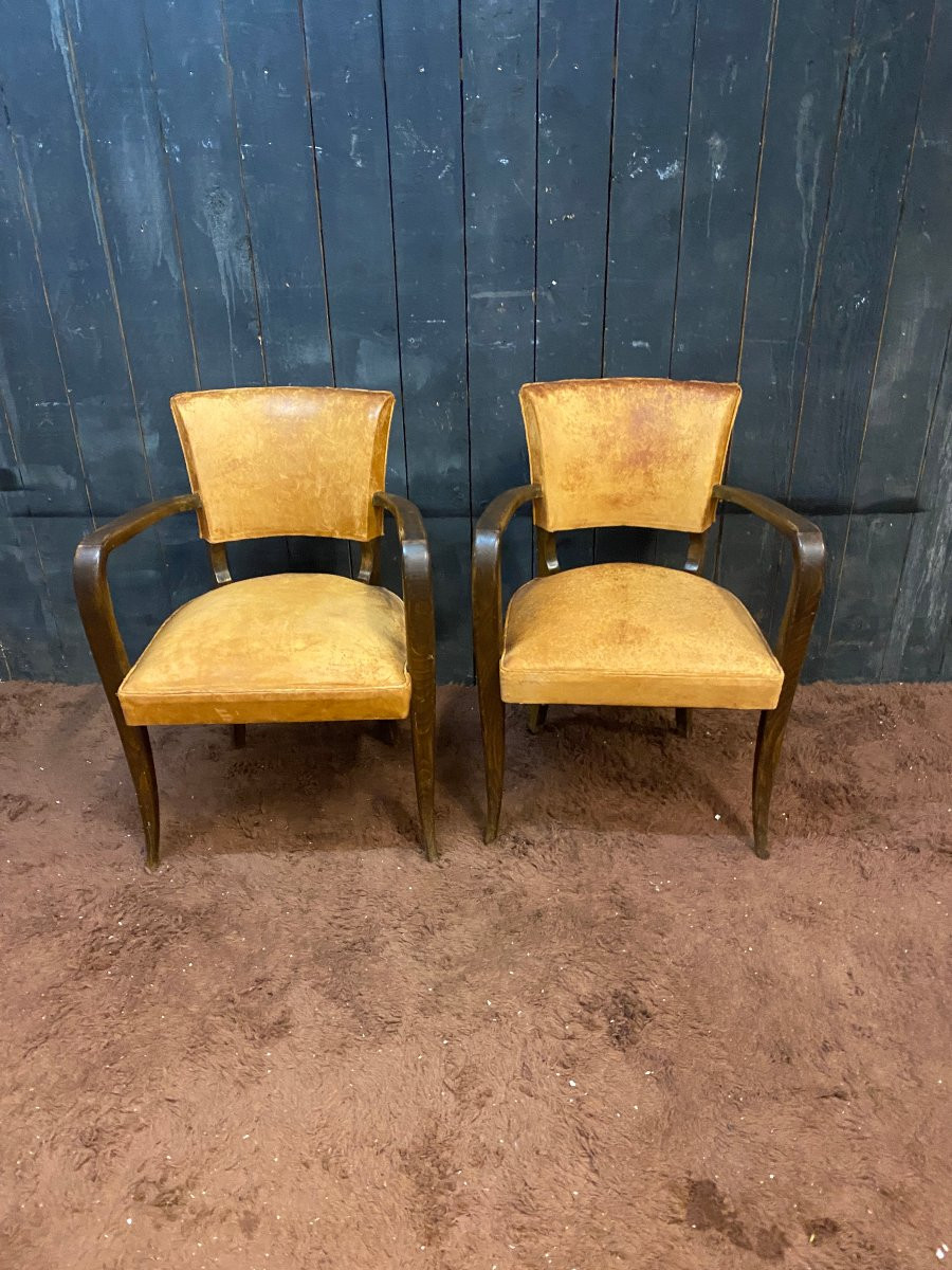 Pair Of Art Deco Bridge Chairs, Leather And Stained Wood, Circa 1930-photo-3