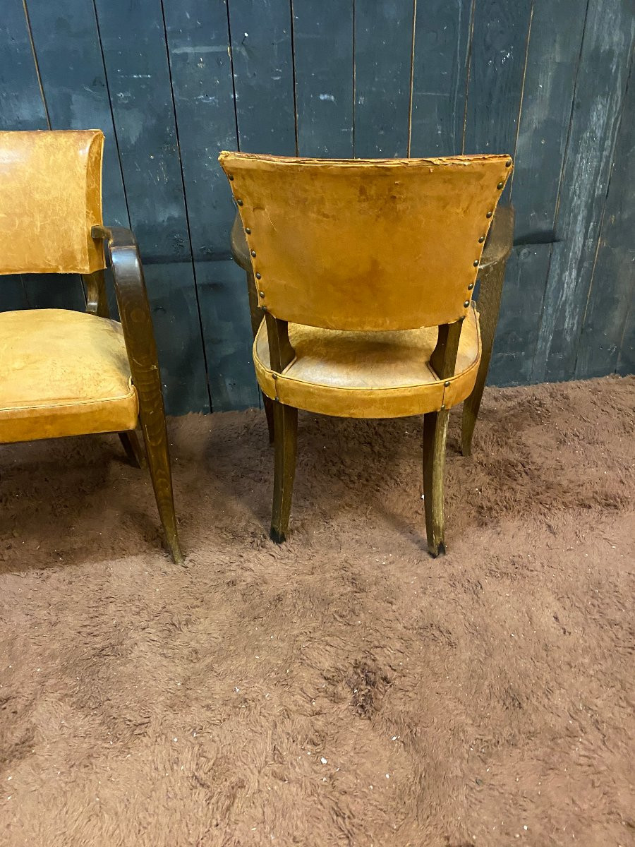 Pair Of Art Deco Bridge Chairs, Leather And Stained Wood, Circa 1930-photo-6