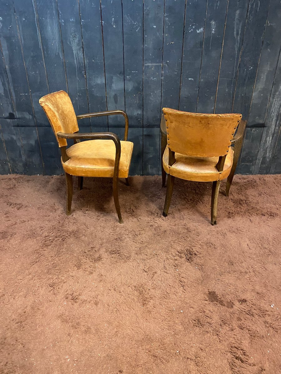 Pair Of Art Deco Bridge Chairs, Leather And Stained Wood, Circa 1930-photo-7