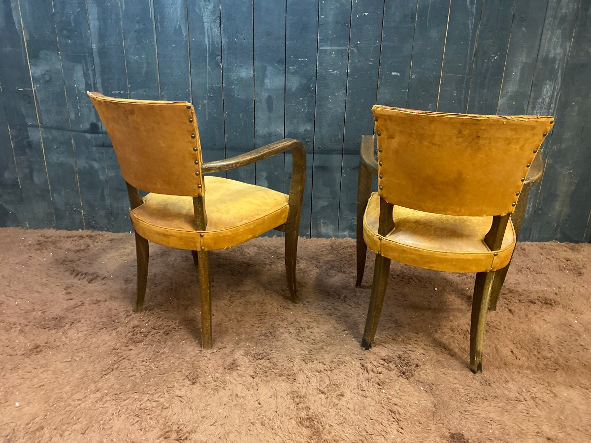 Pair Of Art Deco Bridge Chairs, Leather And Stained Wood, Circa 1930-photo-8