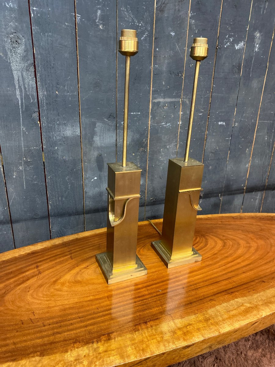 Paire de grandes lampes vintage en laiton circa 1970-photo-1