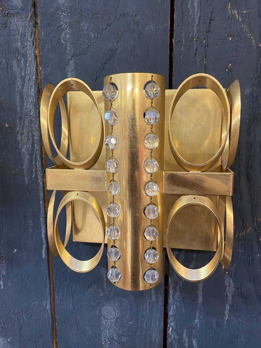 3 appliques 1970 en laiton et petites perles rondes en verre, laissant diffuser la lumière-photo-2