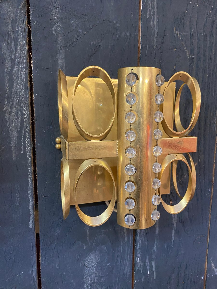3 appliques 1970 en laiton et petites perles rondes en verre, laissant diffuser la lumière-photo-1
