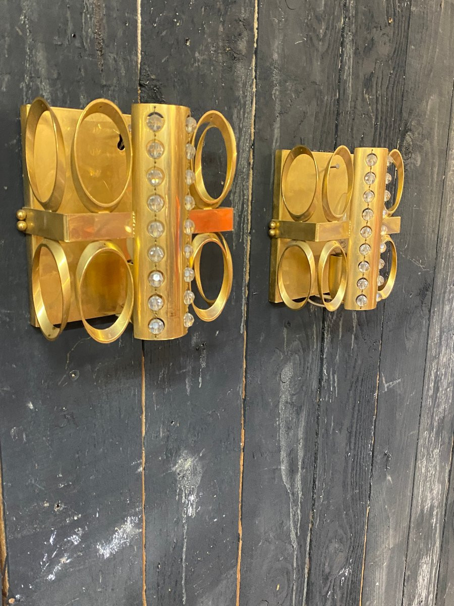 3 appliques 1970 en laiton et petites perles rondes en verre, laissant diffuser la lumière-photo-2