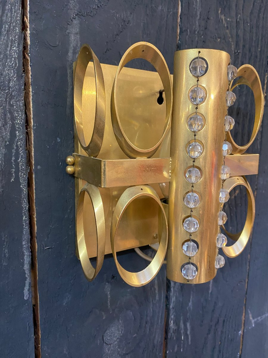 3 appliques 1970 en laiton et petites perles rondes en verre, laissant diffuser la lumière-photo-5