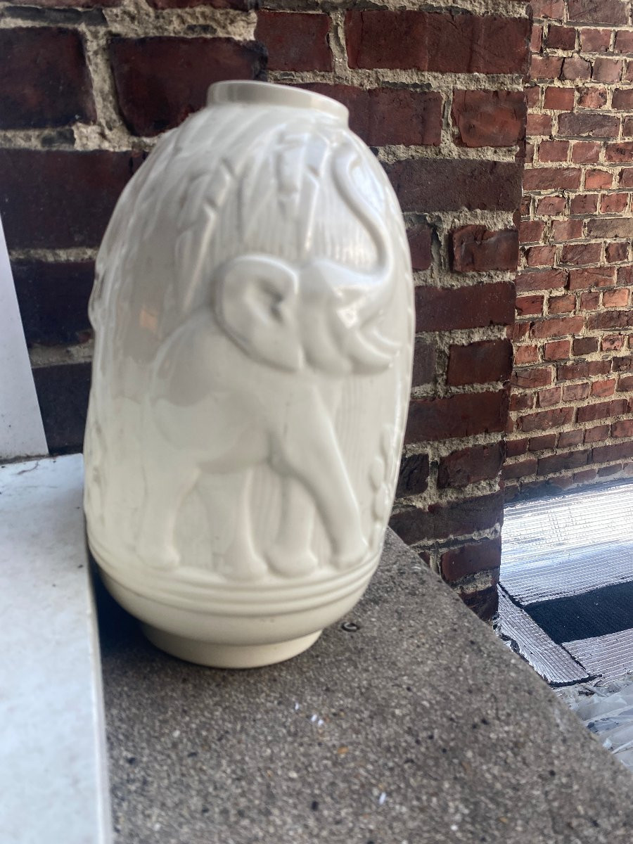 Art Deco Boch Freres La Louviere, Vase With Elephants Circa 1930-photo-4