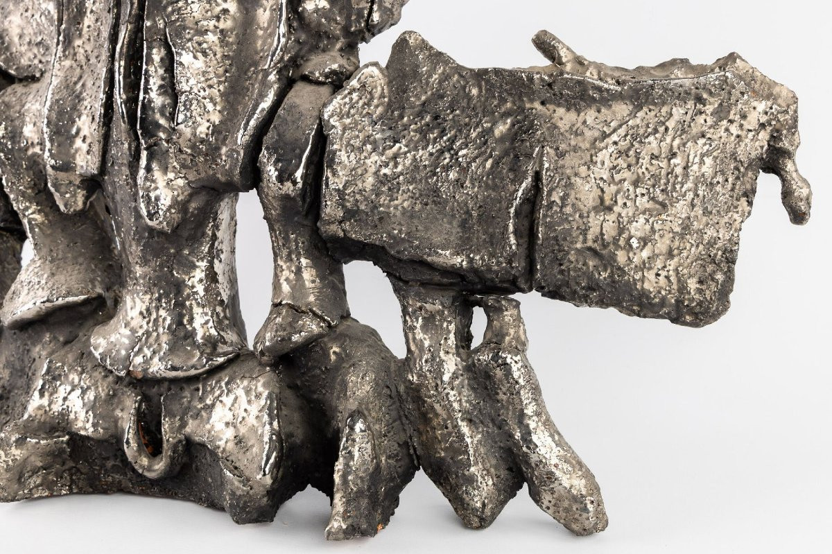 Yves Rhaye (1936-1995) "Composition", grande sculpture en terre cuite émaillée.  (79cm de haut)-photo-4