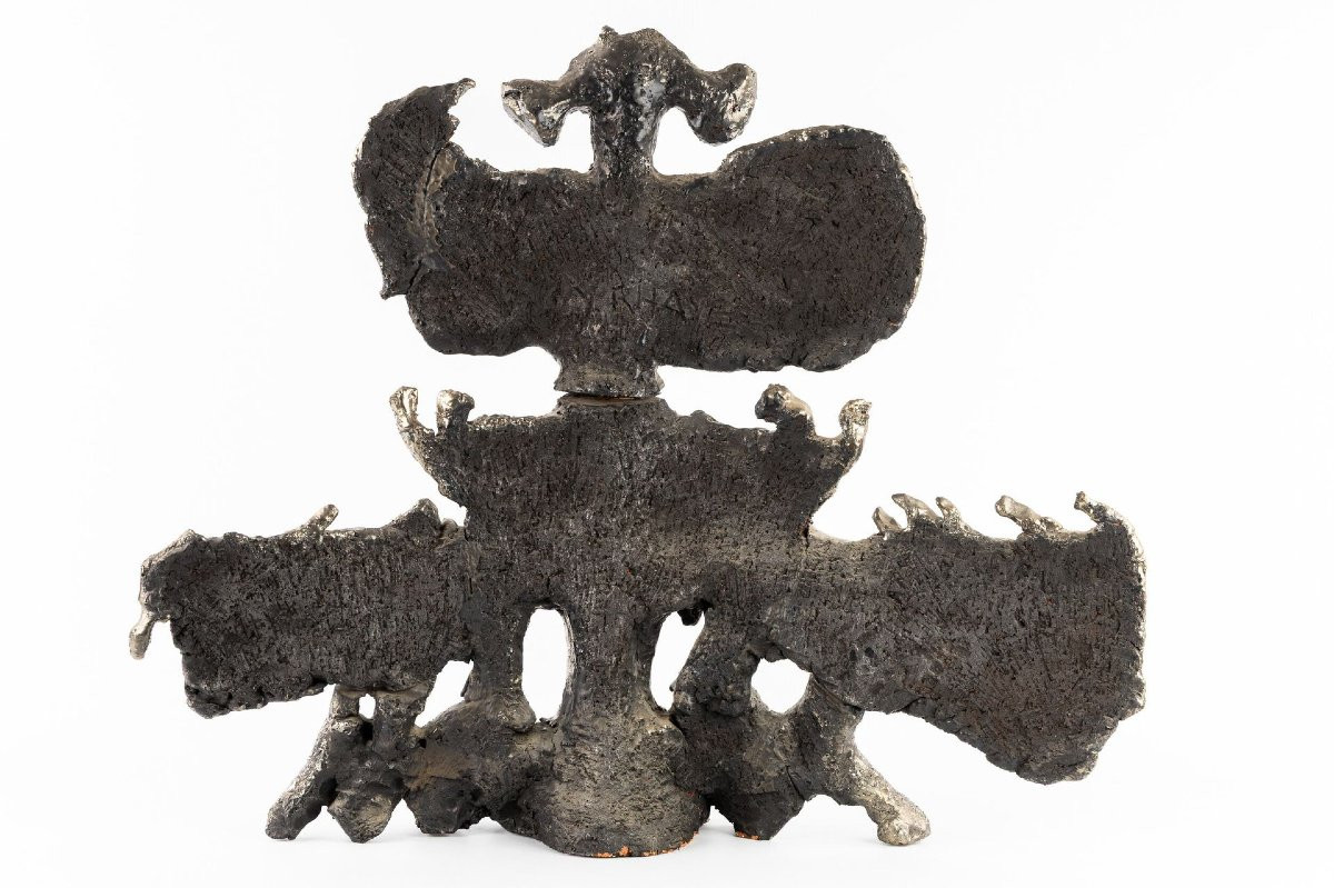 Yves Rhaye (1936-1995) "Composition", grande sculpture en terre cuite émaillée.  (79cm de haut)-photo-1