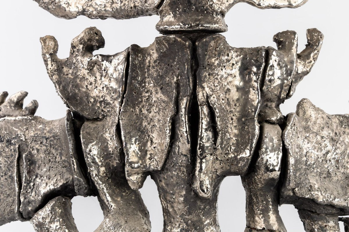 Yves Rhaye (1936-1995) "Composition", grande sculpture en terre cuite émaillée.  (79cm de haut)-photo-5