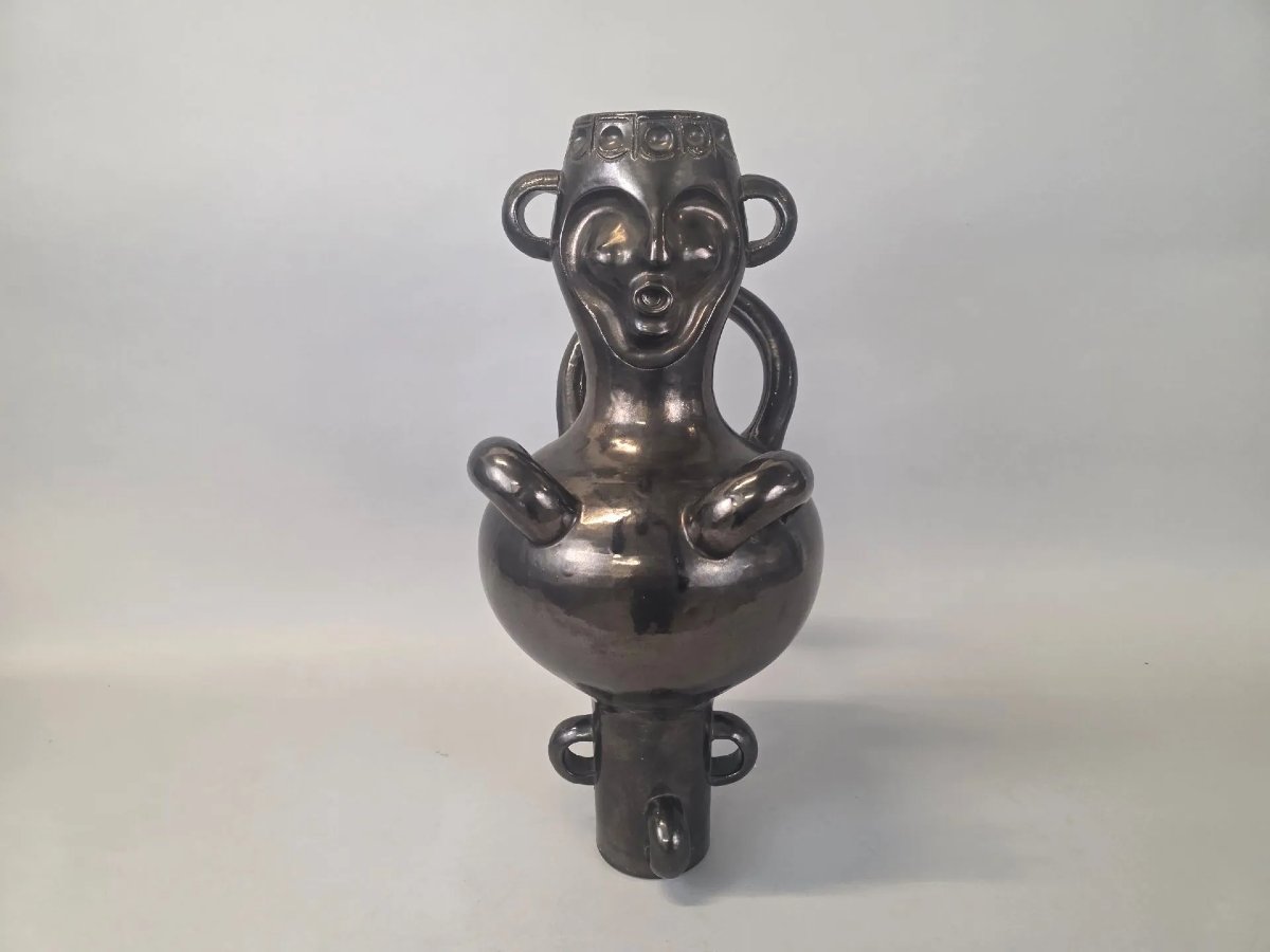Boleslaw DANIKOWSKI (1928-1979) Belle sculpture anthropomorphe en céramique vernissée noire-photo-1