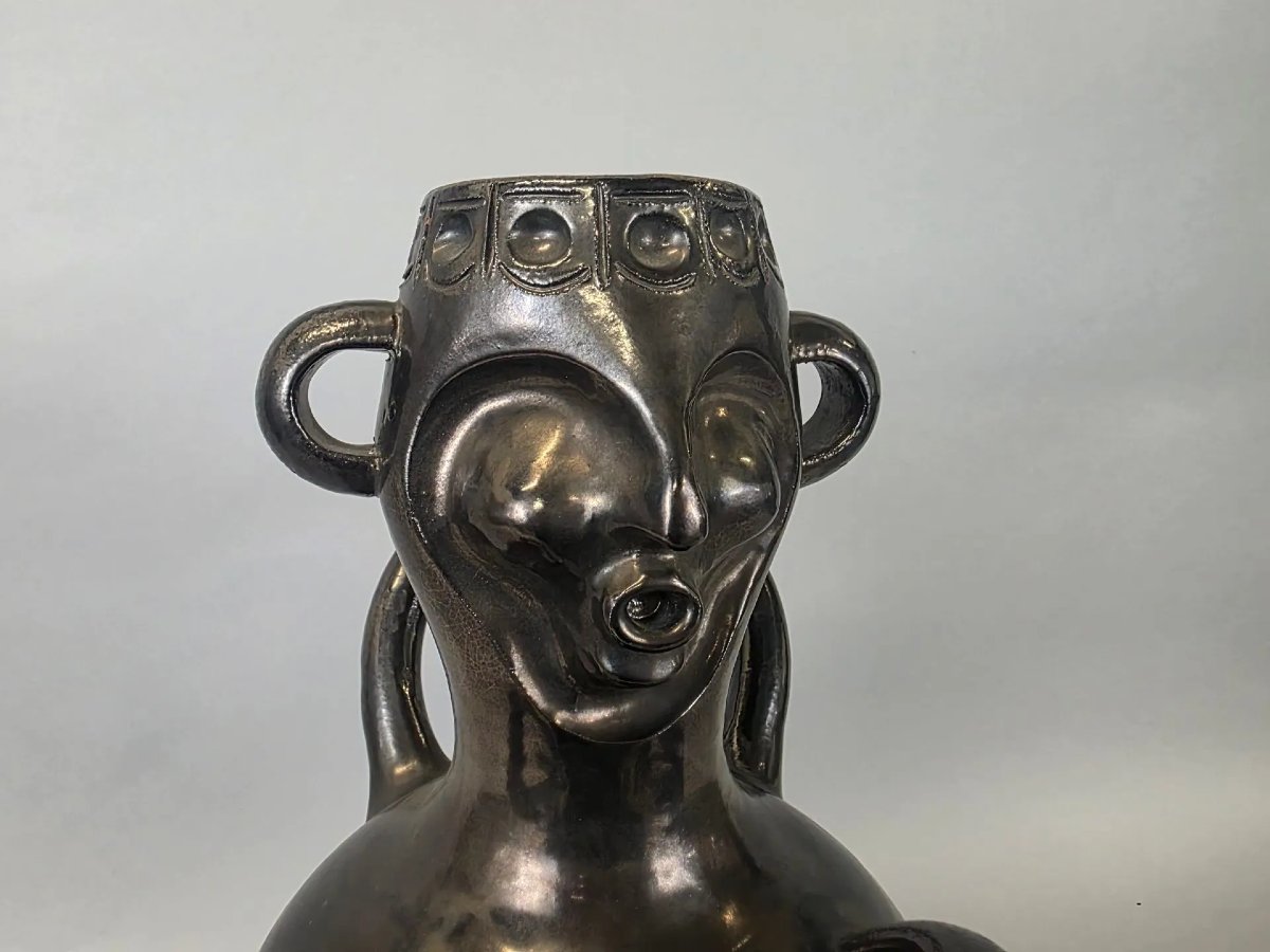 Boleslaw DANIKOWSKI (1928-1979) Belle sculpture anthropomorphe en céramique vernissée noire-photo-2
