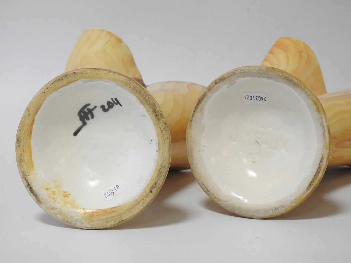 J.m Faux (vallauris) Pair Of Earthenware Vase Cones With Imitation Olive Wood Decoration-photo-2