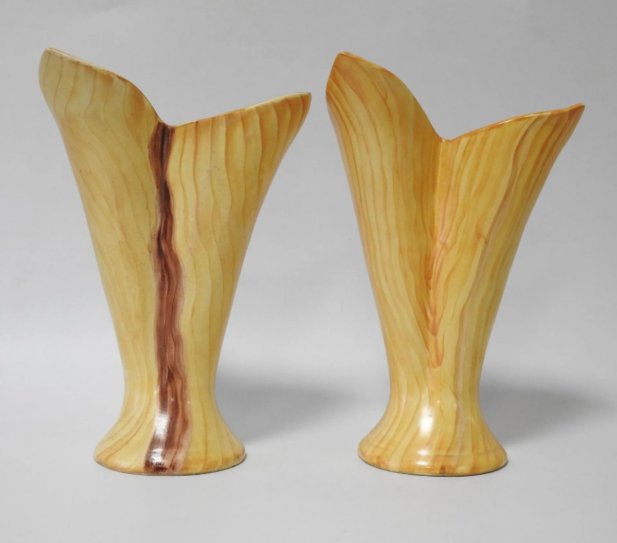 J.m Faux (vallauris) Pair Of Earthenware Vase Cones With Imitation Olive Wood Decoration-photo-3