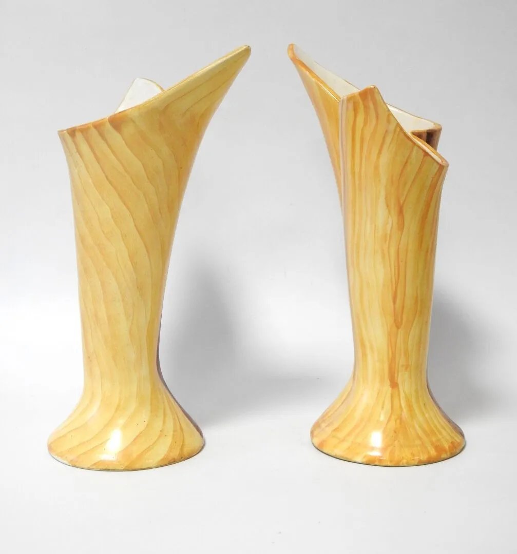 J.m Faux (vallauris) Pair Of Earthenware Vase Cones With Imitation Olive Wood Decoration-photo-4