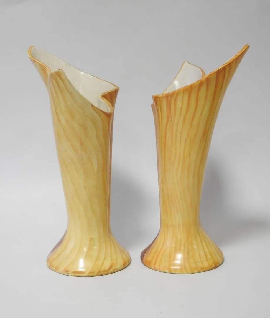 J.m Faux (vallauris) Pair Of Earthenware Vase Cones With Imitation Olive Wood Decoration-photo-4