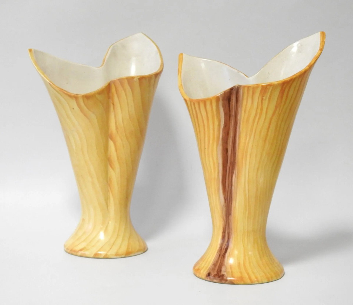 J.m Faux (vallauris) Pair Of Earthenware Vase Cones With Imitation Olive Wood Decoration
