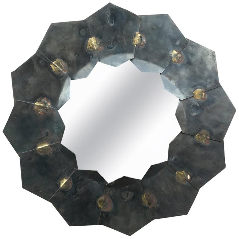 Miroir En Métal Et Laiton , Circa 1970 