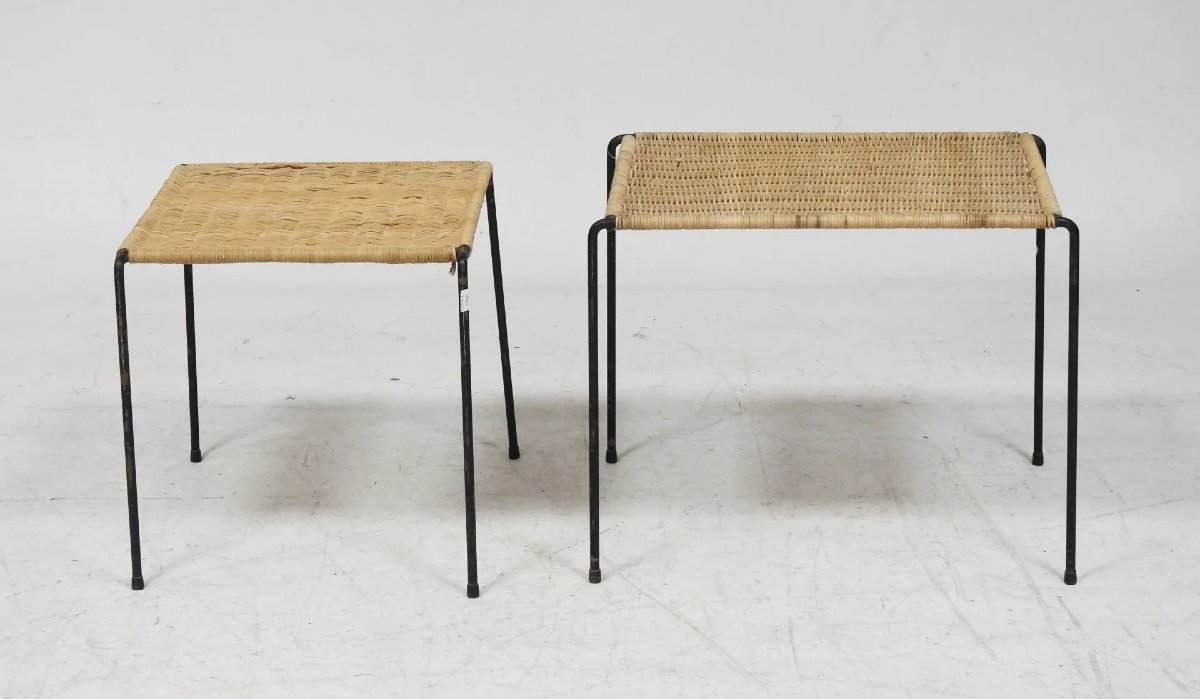 Two Side Tables In Metal And Rattan Circa 1960/1970-photo-3
